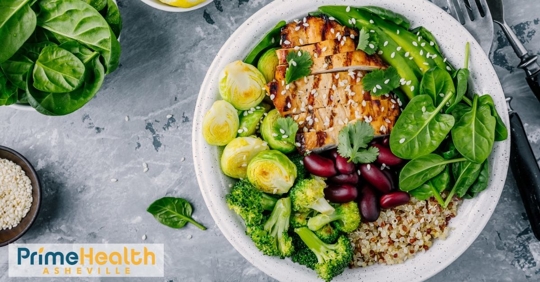 Power protein salad bowl on counter